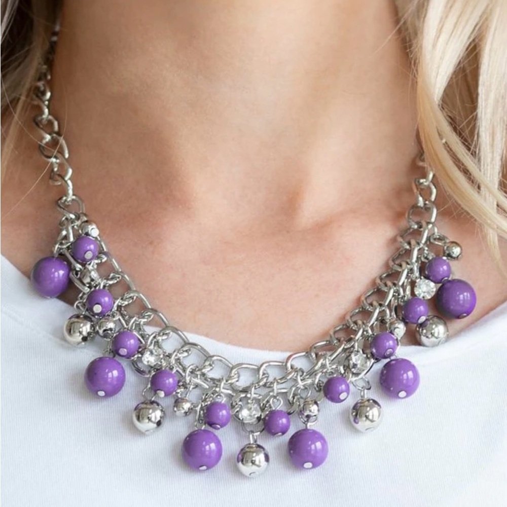 COPY - Necklace set matching earrings silver chain with silver & purple beads N…
